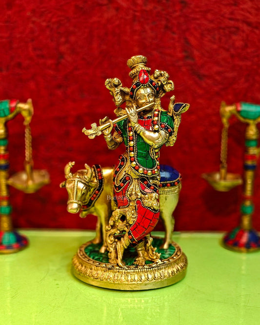 Handcrafted Krishna with Cow Brass Idol 10.5 inch - Budhshiv.com
