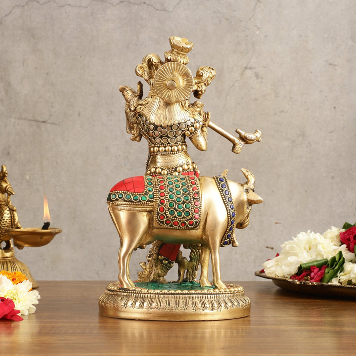 Handcrafted Krishna with Cow Brass Idol with Stonework - 10.5" Height - Budhshiv.com