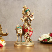 Handcrafted Krishna with Cow Brass Idol with Stonework - 10.5" Height - Budhshiv.com