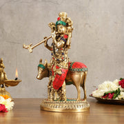 Handcrafted Krishna with Cow Brass Idol with Stonework - 10.5" Height - Budhshiv.com
