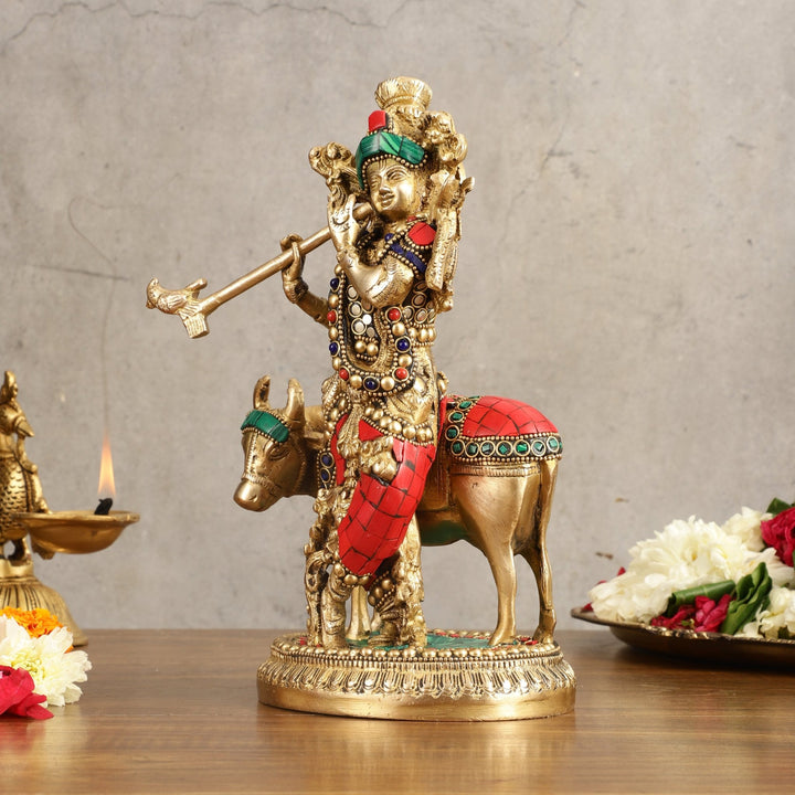 Handcrafted Krishna with Cow Brass Idol with Stonework - 10.5" Height - Budhshiv.com