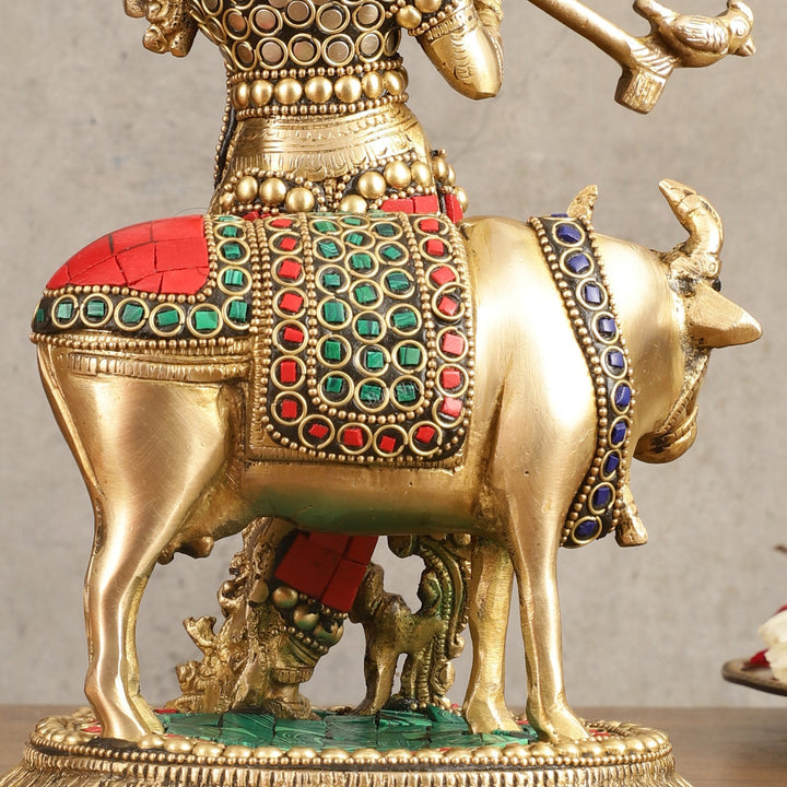 Handcrafted Krishna with Cow Brass Idol with Stonework - 10.5" Height - Budhshiv.com
