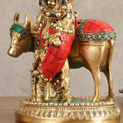 Handcrafted Krishna with Cow Brass Idol with Stonework - 10.5" Height - Budhshiv.com