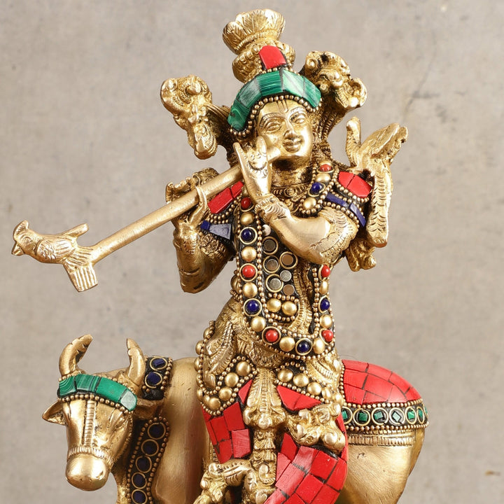 Handcrafted Krishna with Cow Brass Idol with Stonework - 10.5" Height - Budhshiv.com