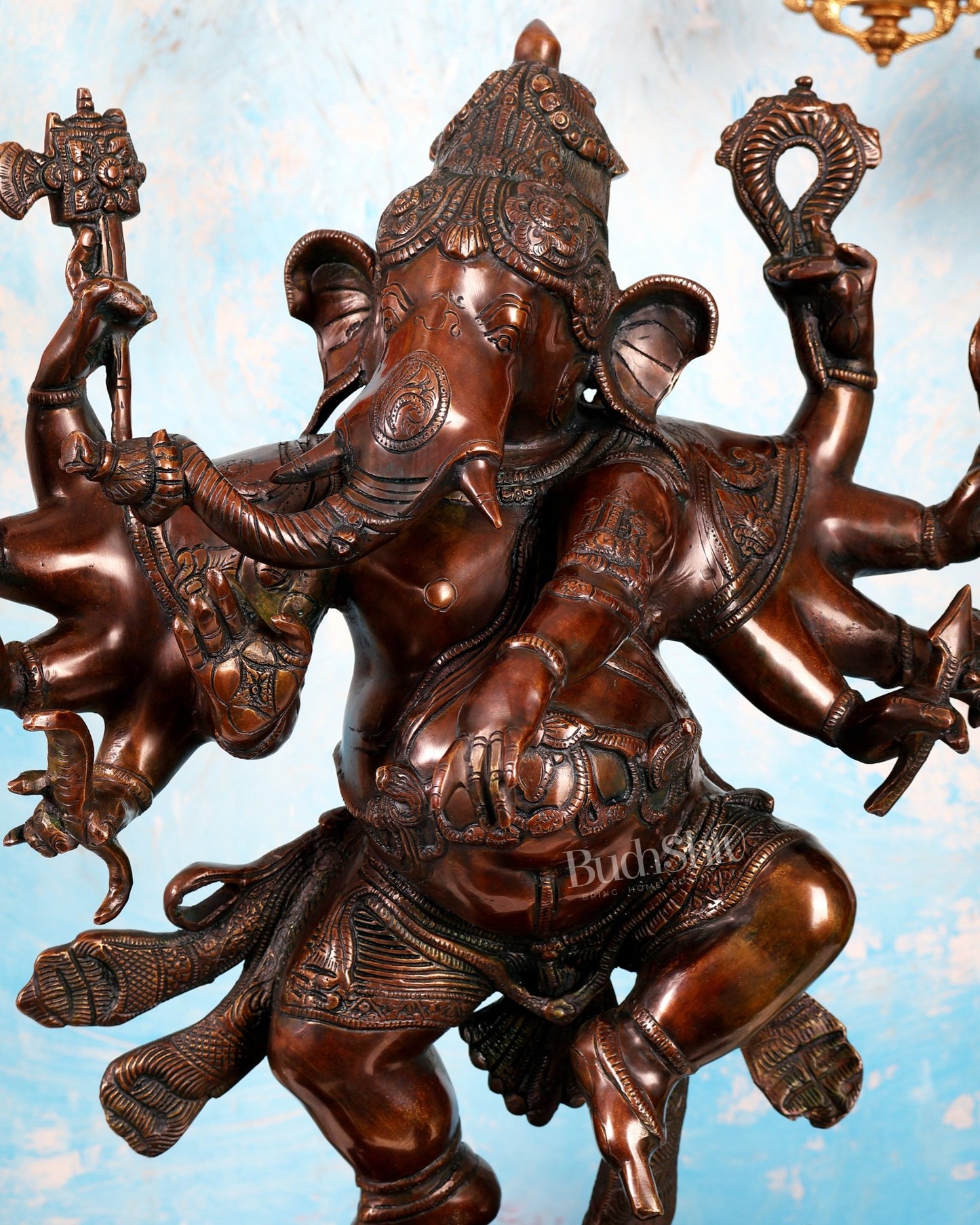 Handcrafted Large Brass Dancing Ganesha Statue - Antique Chola copper tone - Budhshiv.com