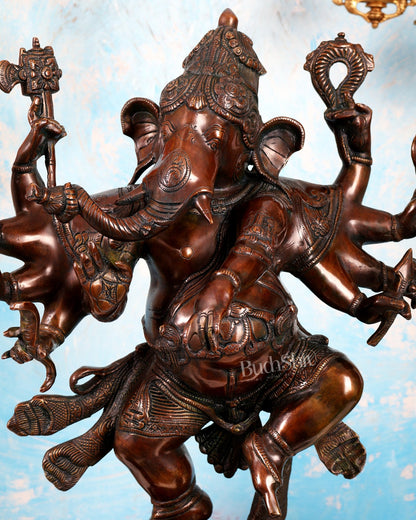 Handcrafted Large Brass Dancing Ganesha Statue - Antique Chola copper tone - Budhshiv.com