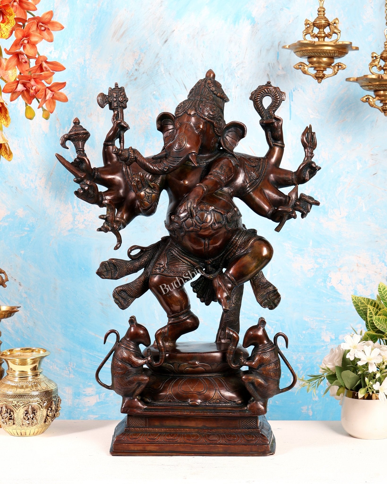 Handcrafted Large Brass Dancing Ganesha Statue - Antique Chola copper tone - Budhshiv.com