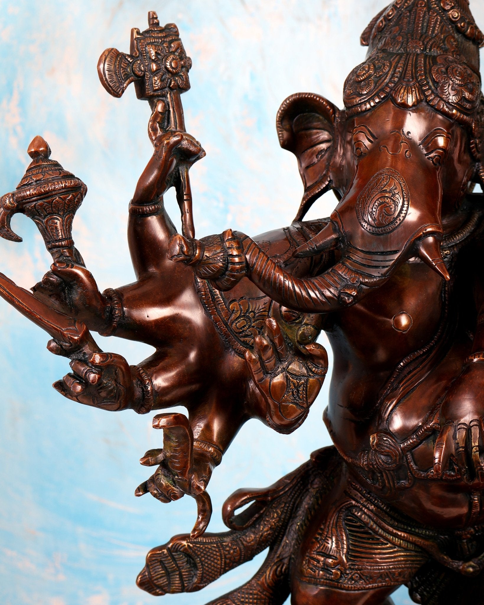 Handcrafted Large Brass Dancing Ganesha Statue - Antique Chola copper tone - Budhshiv.com