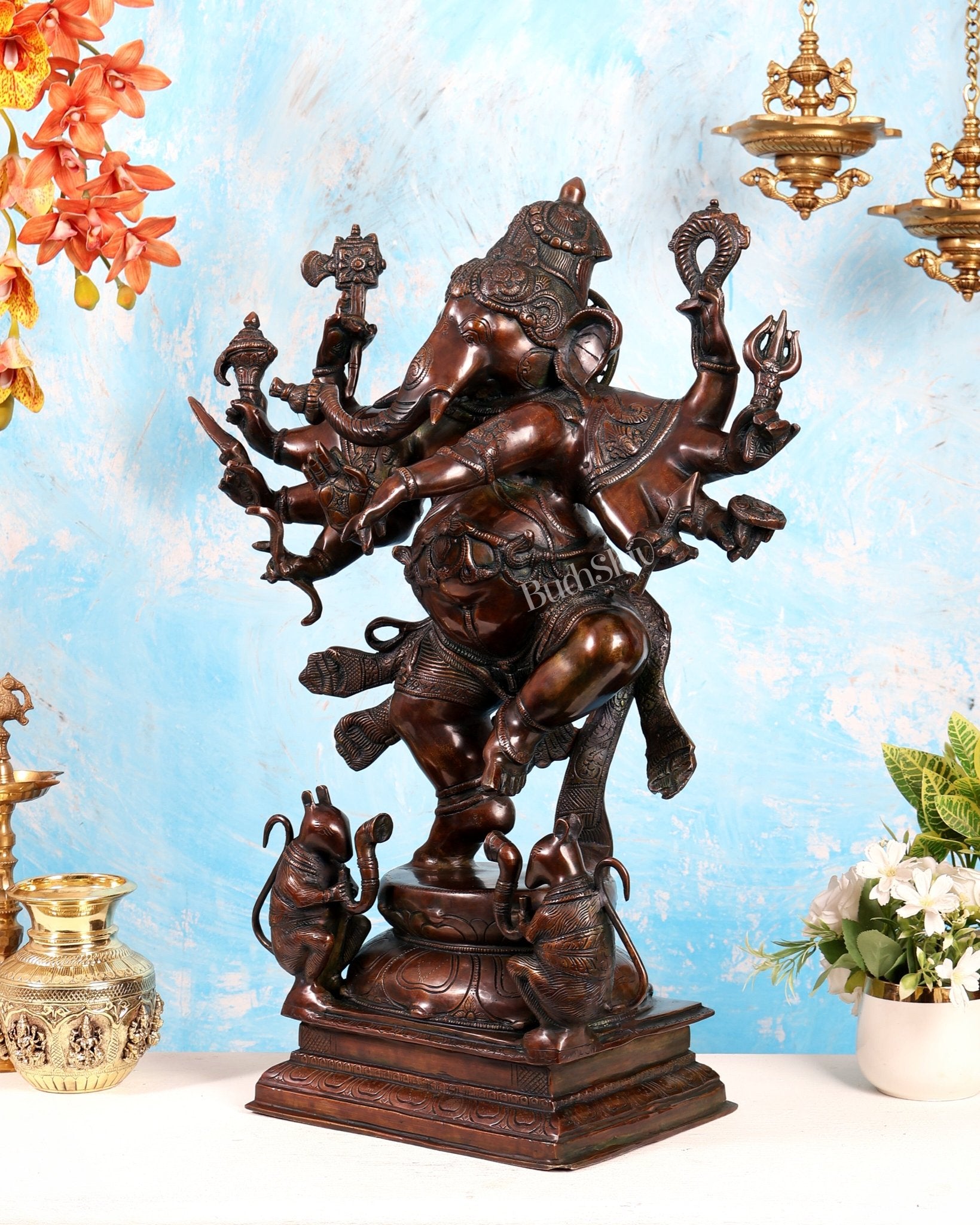 Handcrafted Large Brass Dancing Ganesha Statue - Antique Chola copper tone - Budhshiv.com