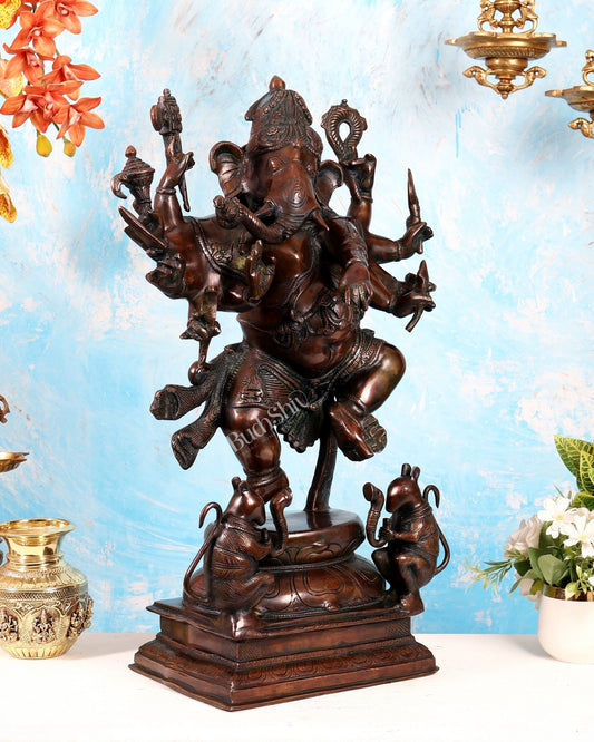 Handcrafted Large Brass Dancing Ganesha Statue - Antique Chola copper tone - Budhshiv.com