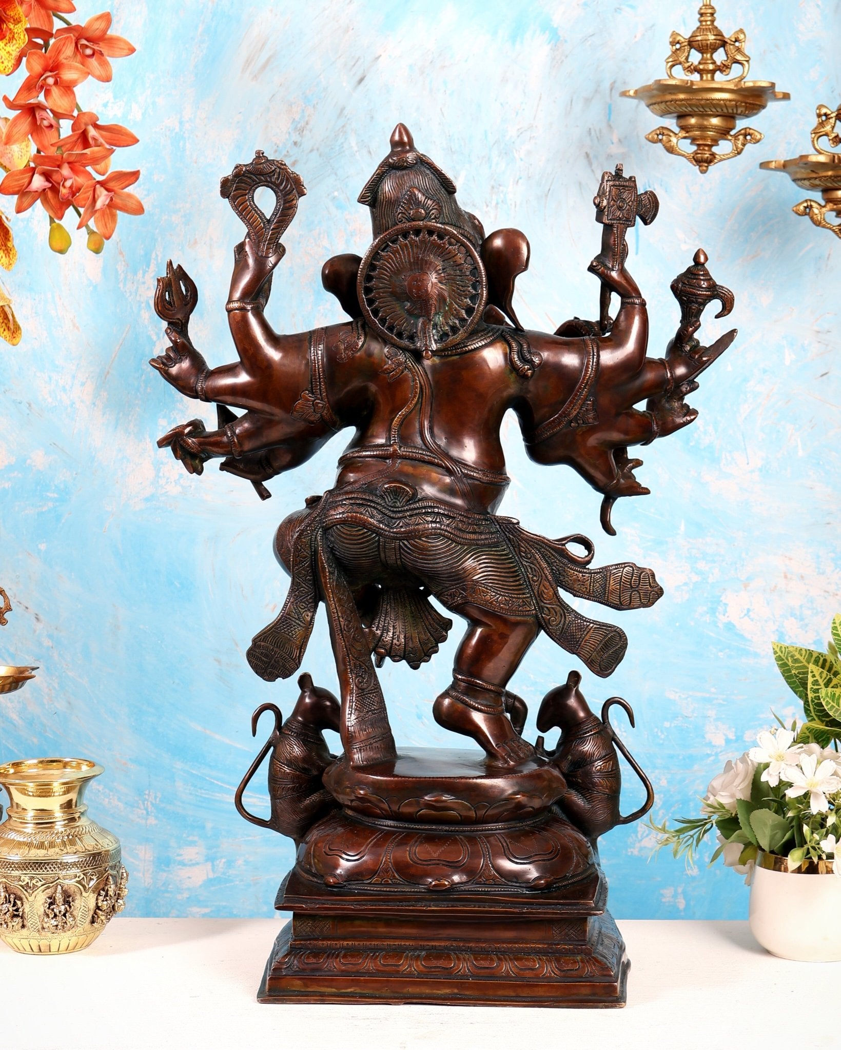 Handcrafted Large Brass Dancing Ganesha Statue - Antique Chola copper tone - Budhshiv.com