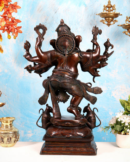 Handcrafted Large Brass Dancing Ganesha Statue - Antique Chola copper tone - Budhshiv.com