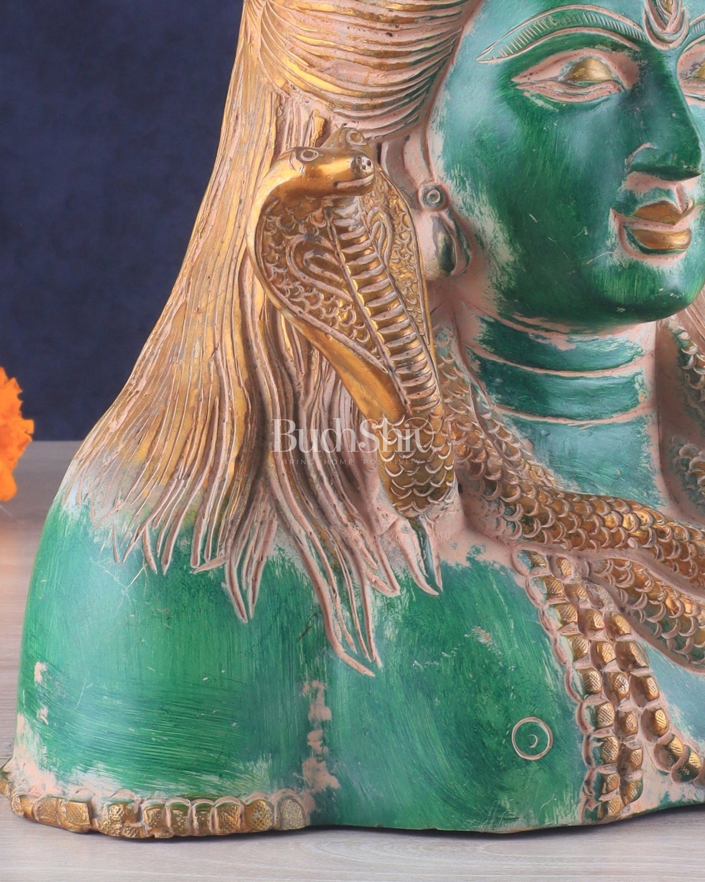 Handcrafted Lord Shiva Bust Statue - Superfine Brass 12" green sand patina - Budhshiv.com