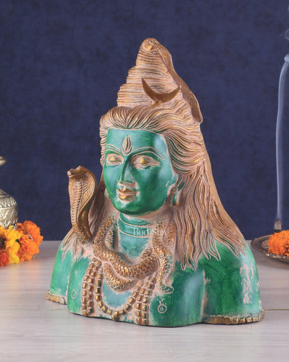 Handcrafted Lord Shiva Bust Statue - Superfine Brass 12" green sand patina - Budhshiv.com