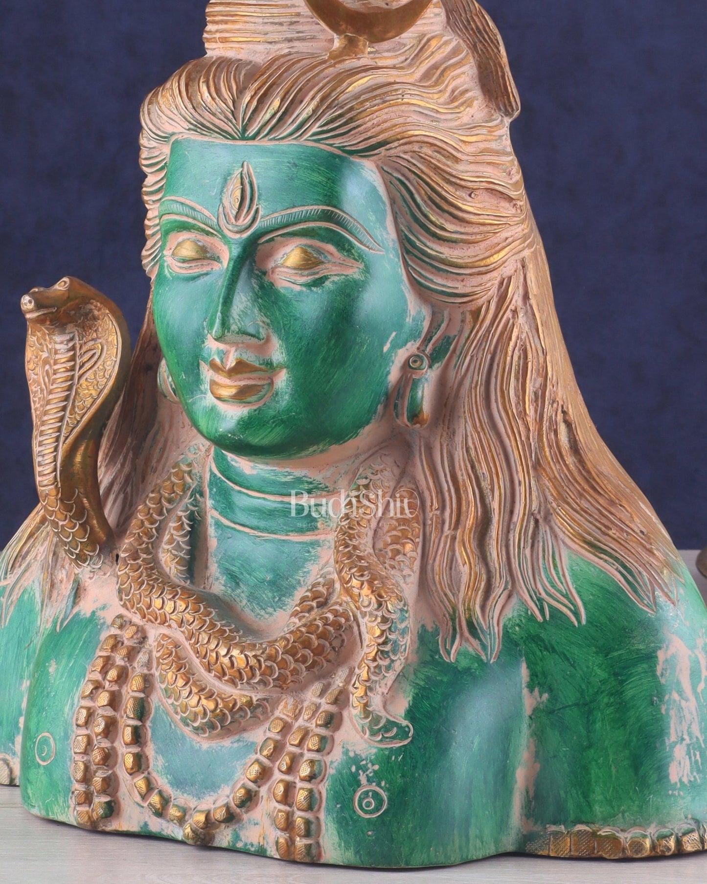 Handcrafted Lord Shiva Bust Statue - Superfine Brass 12" green sand patina - Budhshiv.com