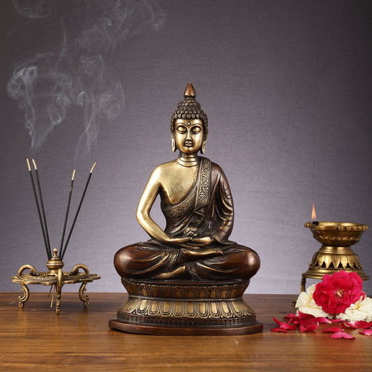 Handcrafted Meditation brass Buddha Idol - Brown Gold 12 inch - Budhshiv.com