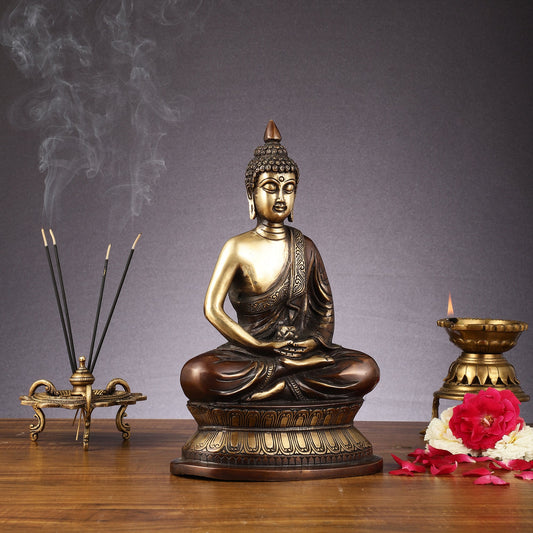 Handcrafted Meditation brass Buddha Idol - Brown Gold 12 inch - Budhshiv.com