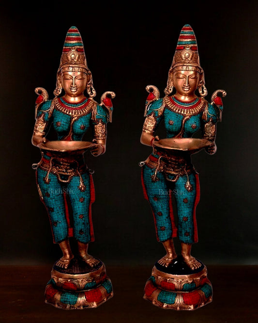 Handcrafted Pavaai Villaku Deep Lady Statue - 45 Inch Fine Brass (pair) - Budhshiv.com