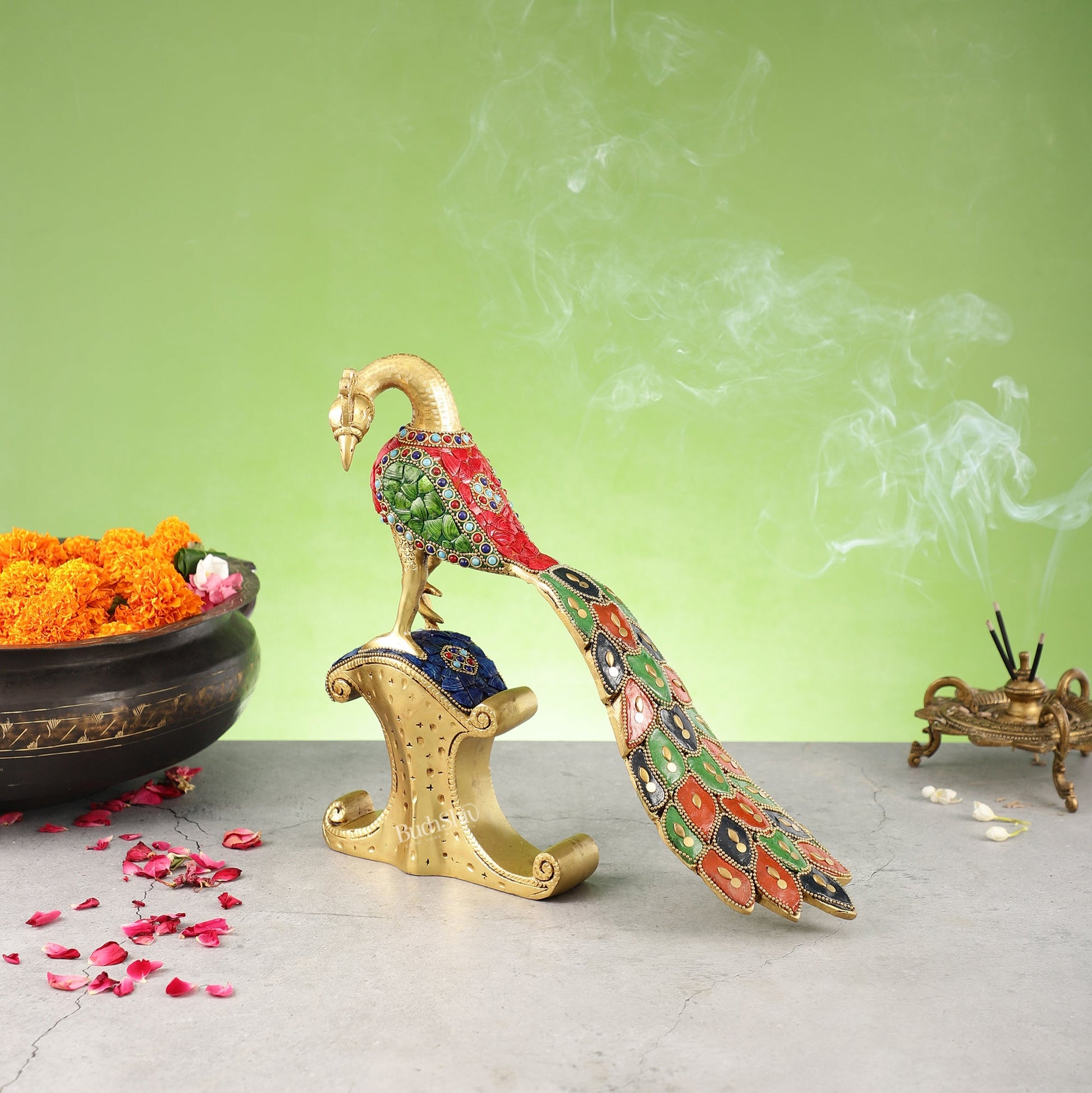 Handcrafted Peacock Showpiece: Pure Brass with Stonework | 13 inch - Budhshiv.com