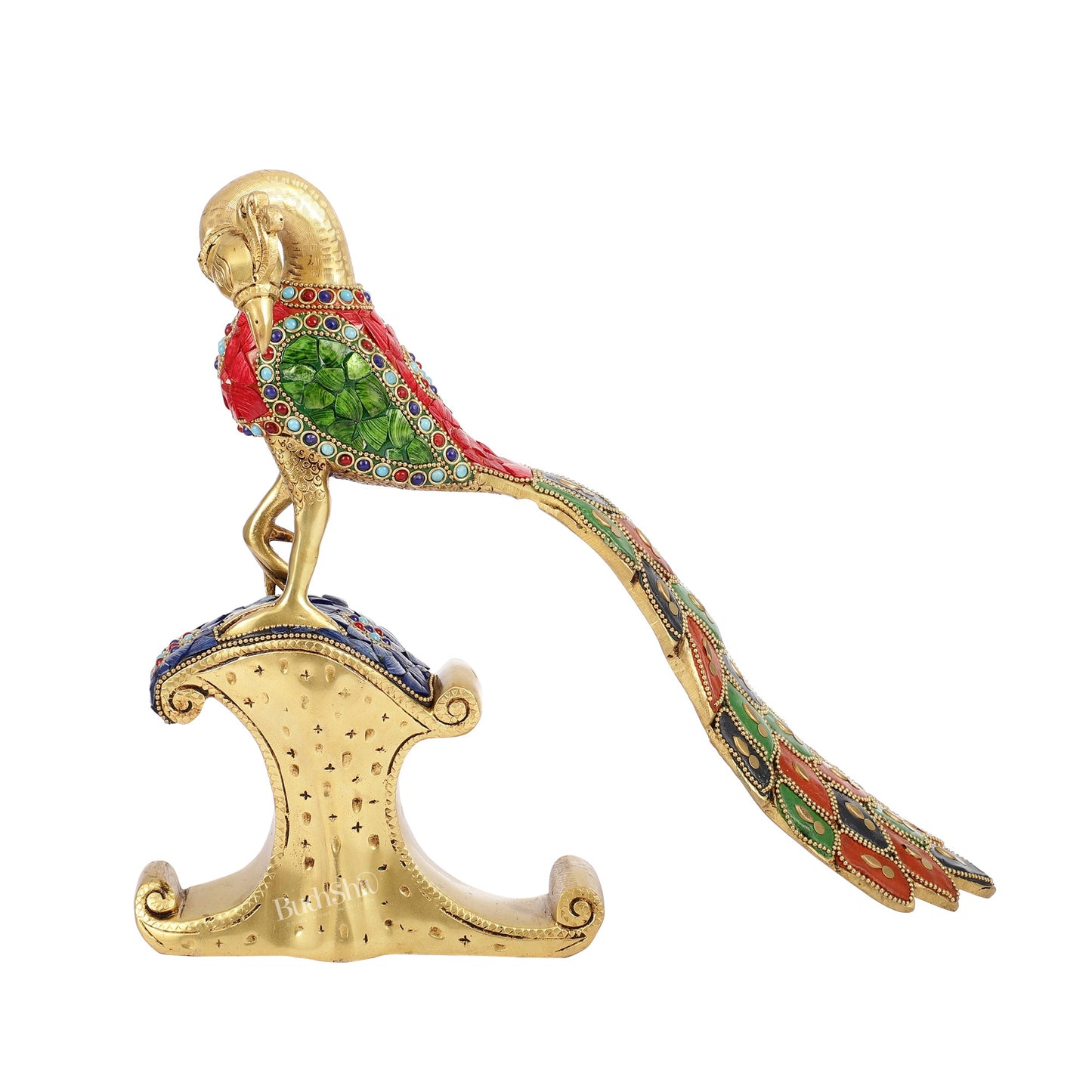 Handcrafted Peacock Showpiece: Pure Brass with Stonework | 13 inch - Budhshiv.com