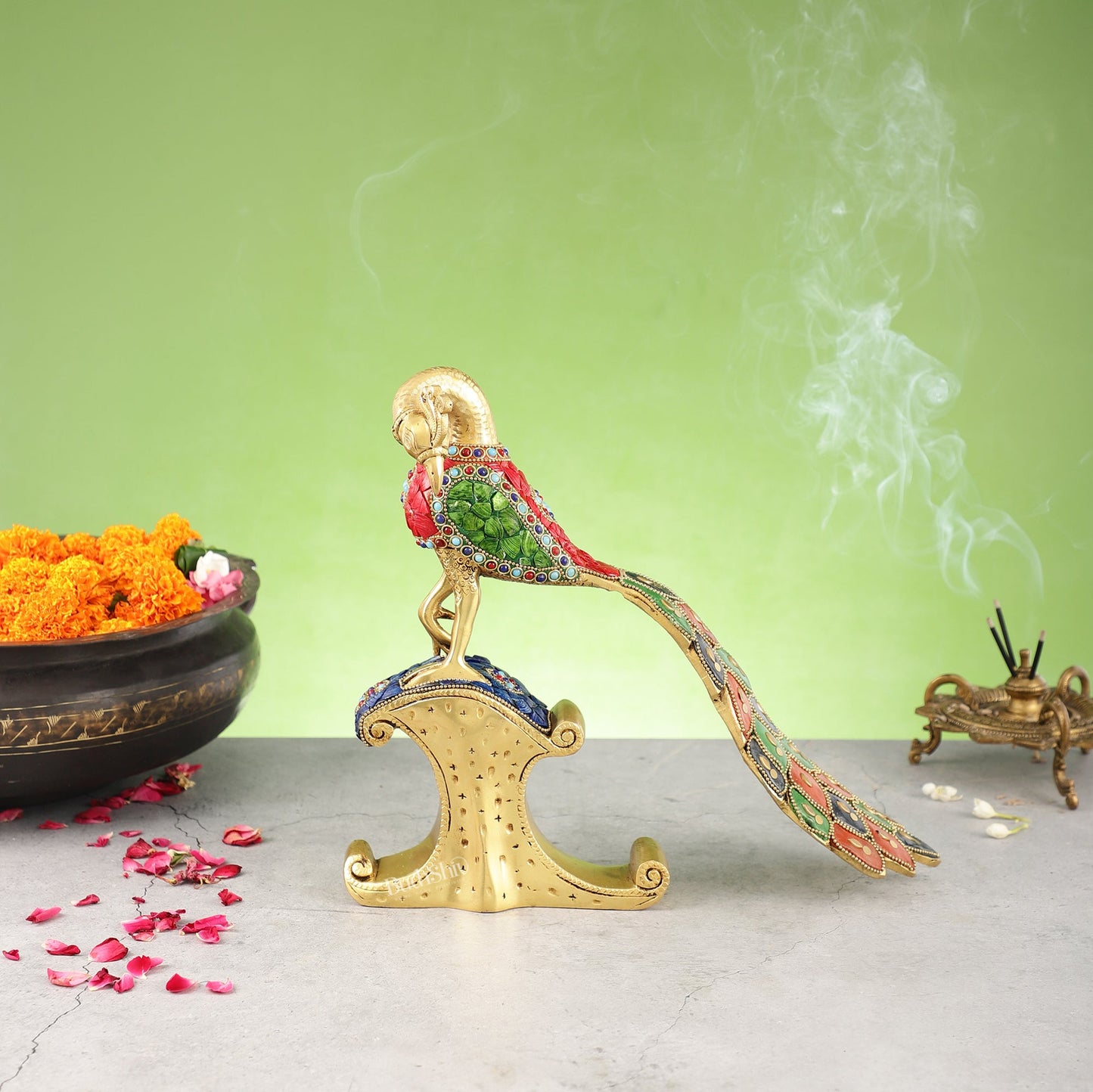 Handcrafted Peacock Showpiece: Pure Brass with Stonework | 13 inch - Budhshiv.com