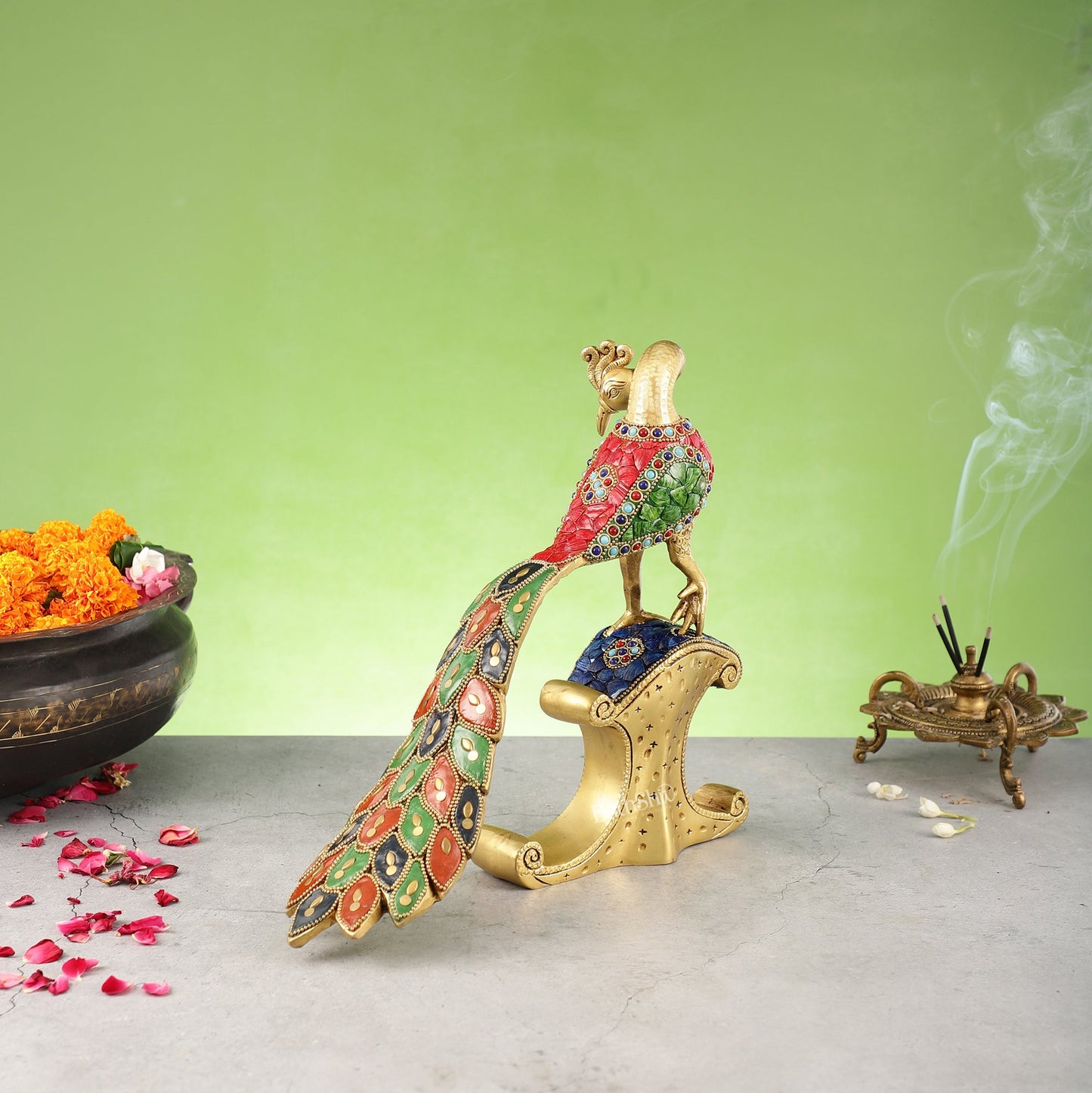 Handcrafted Peacock Showpiece: Pure Brass with Stonework | 13 inch - Budhshiv.com