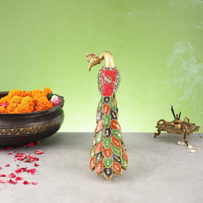 Handcrafted Peacock Showpiece: Pure Brass with Stonework | 13 inch - Budhshiv.com