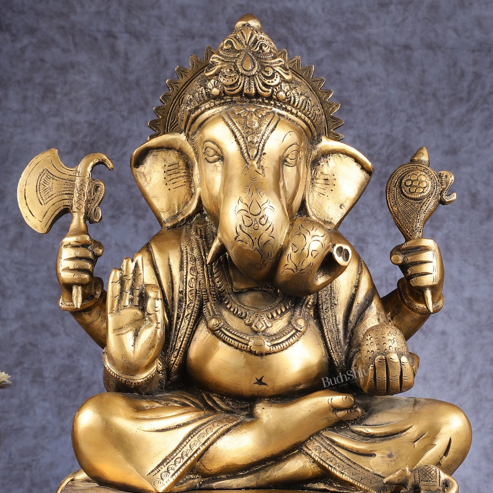 Handcrafted Pure Brass Dagduseth Ganapati Idol - 14" - Budhshiv.com