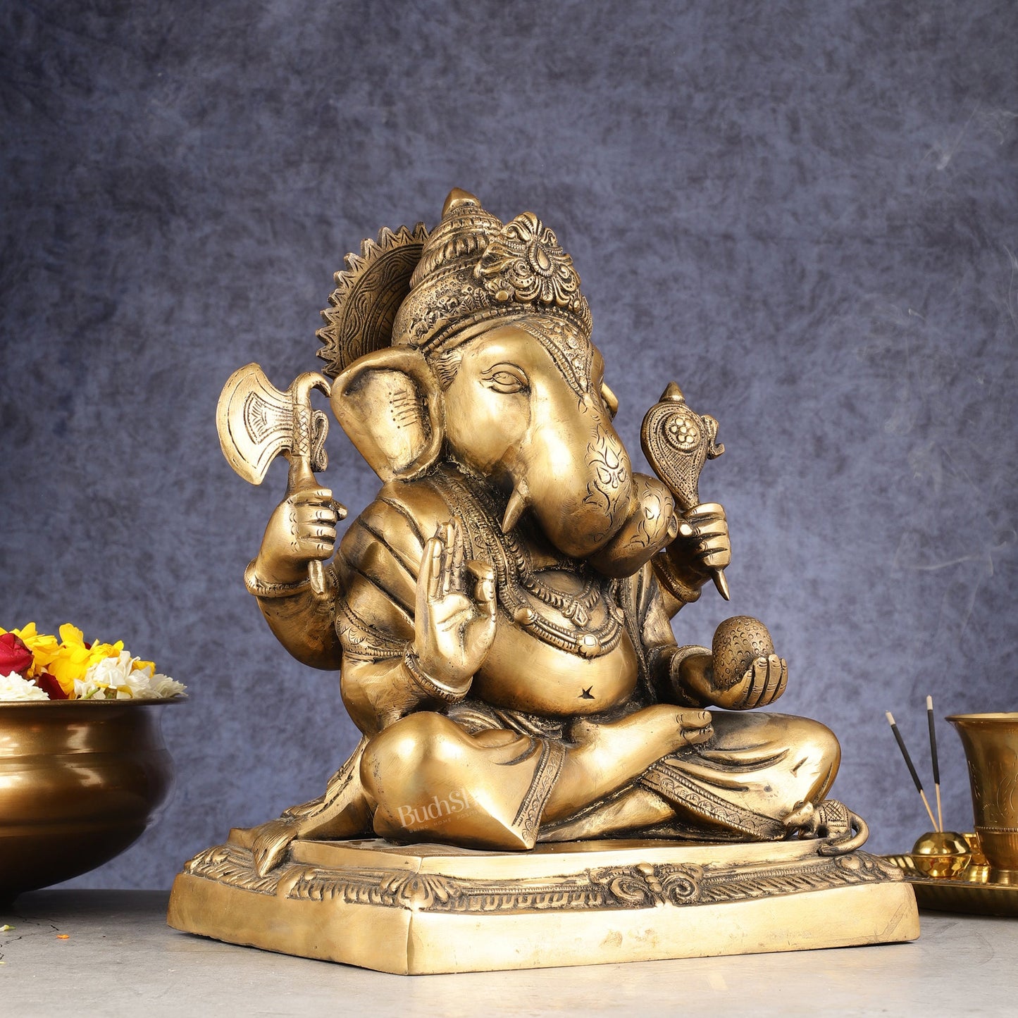 Handcrafted Pure Brass Dagduseth Ganapati Idol - 14" - Budhshiv.com