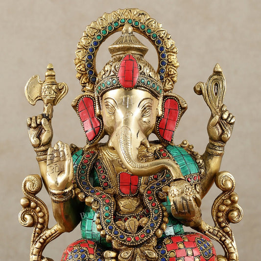 Handcrafted Pure Brass Ganesha Idol with Meenakari Stonework - 12.25 Inch - Budhshiv.com