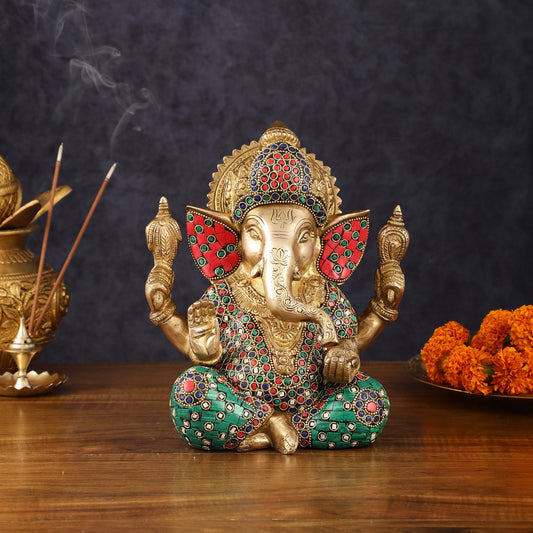 Handcrafted Pure Brass Ganesha Idol with Natural Color Stones - 8" Height - Budhshiv.com