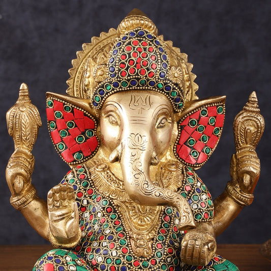 Handcrafted Pure Brass Ganesha Idol with Natural Color Stones - 8" Height - Budhshiv.com