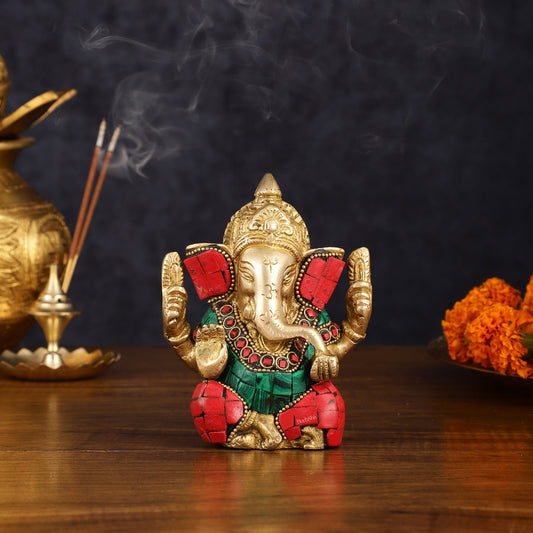 Handcrafted Pure Brass Ganesha Idol with Red and Green Stone Accents, 5" Height - Budhshiv.com
