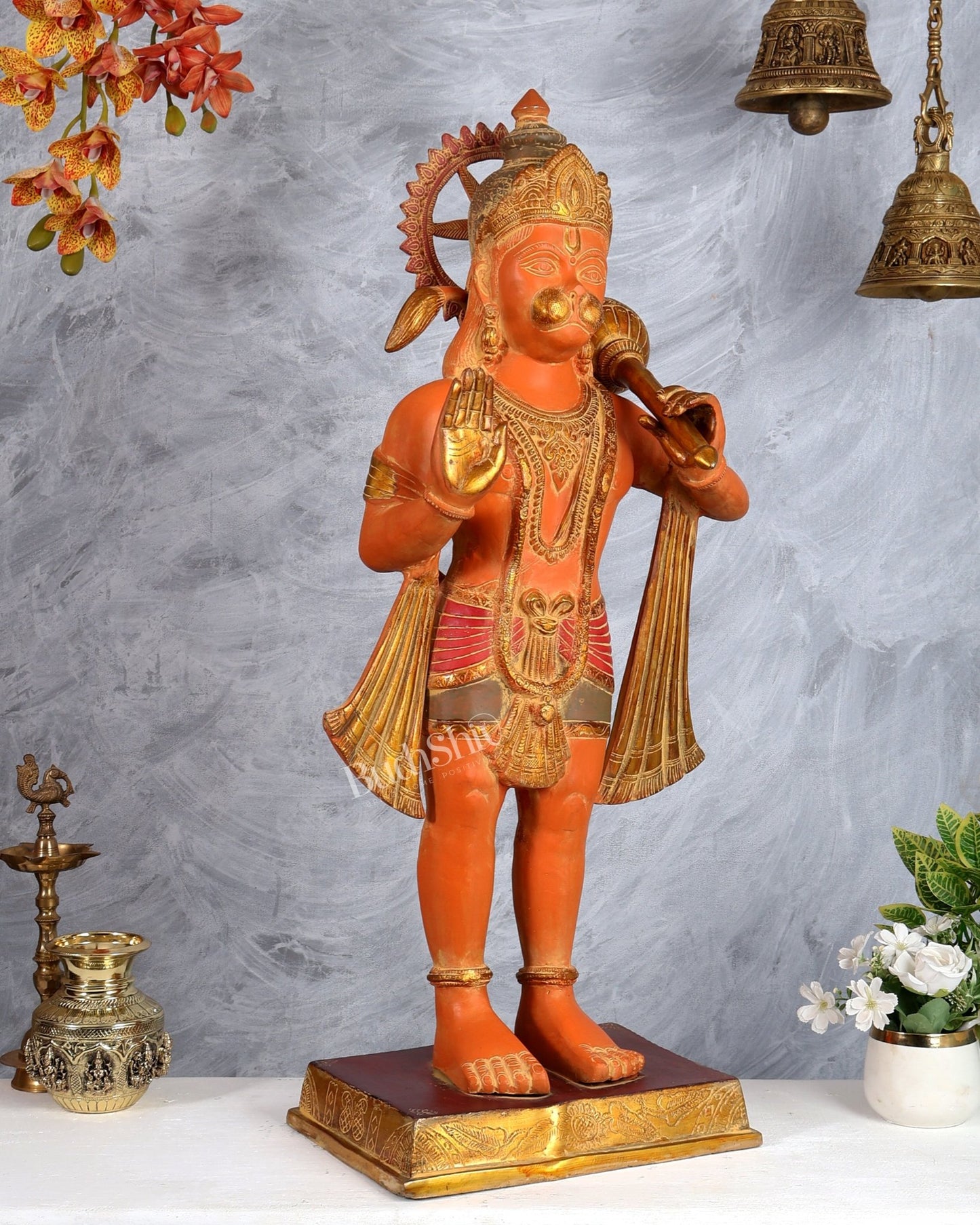 Handcrafted Pure Brass Hanuman Ji Statue, large size, 3 feet Sindoori tone - Budhshiv.com