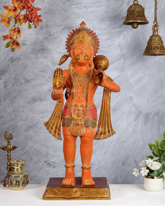 Handcrafted Pure Brass Hanuman Ji Statue, large size, 3 feet Sindoori tone - Budhshiv.com