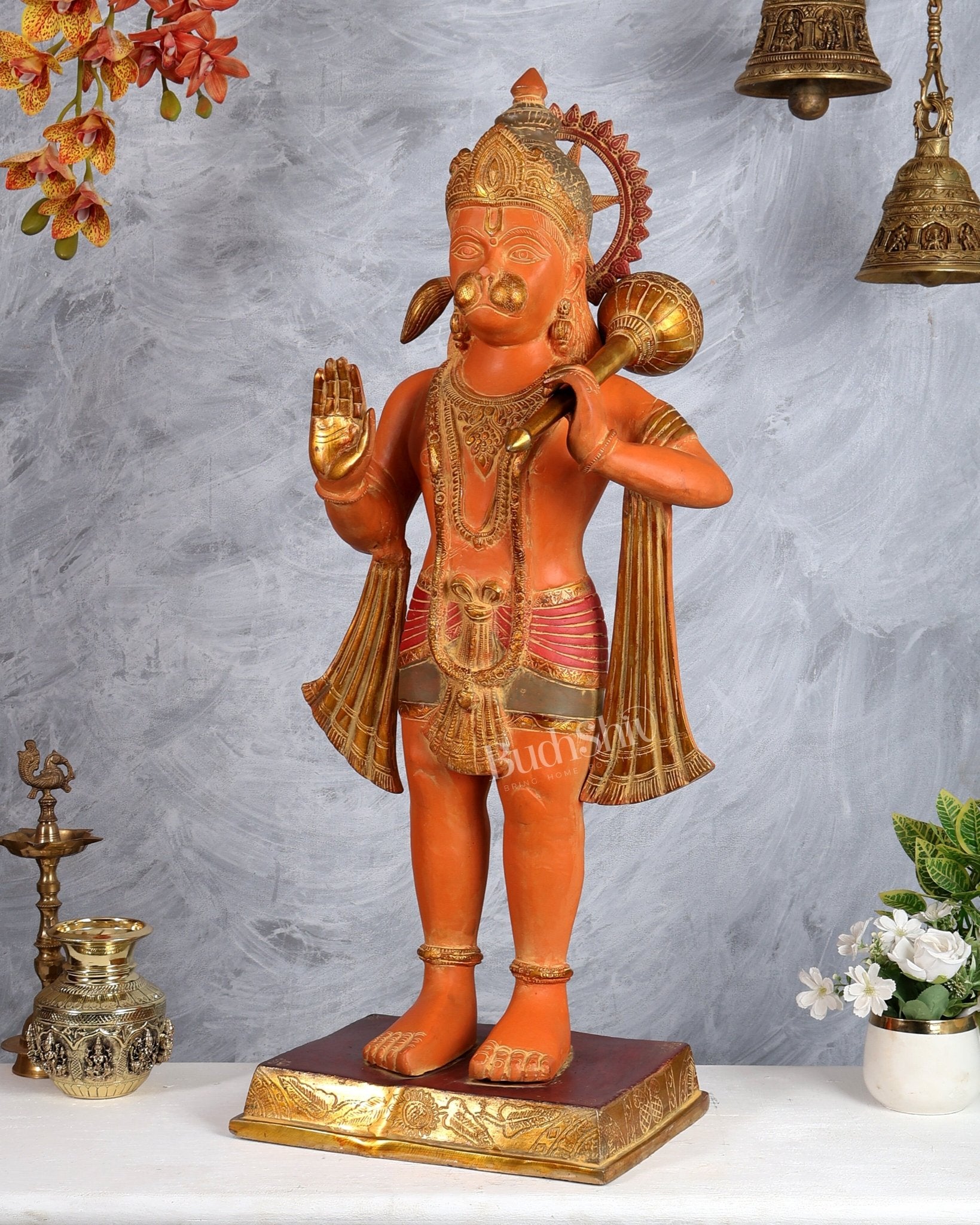 Handcrafted Pure Brass Hanuman Ji Statue, large size, 3 feet Sindoori tone - Budhshiv.com