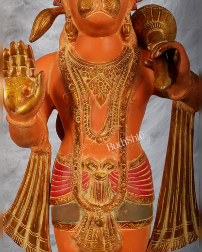 Handcrafted Pure Brass Hanuman Ji Statue, large size, 3 feet Sindoori tone - Budhshiv.com