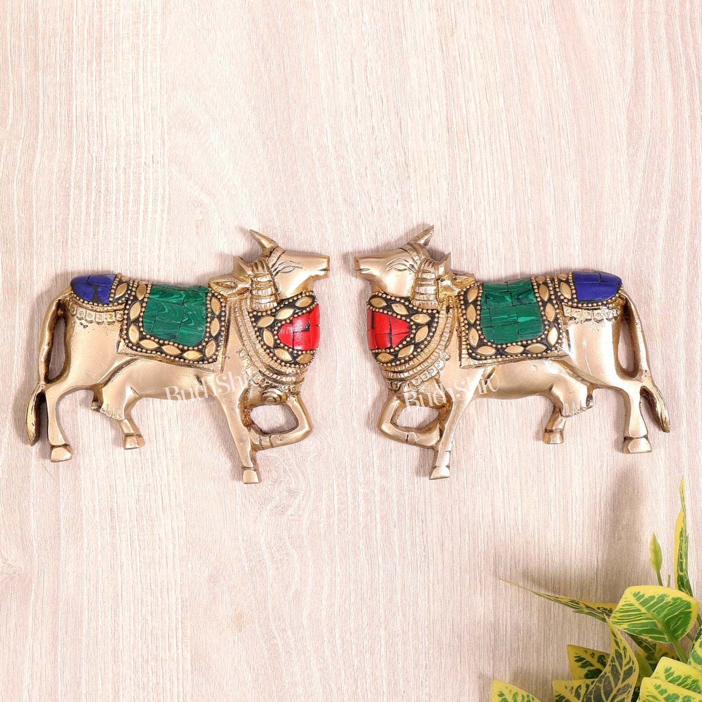 Handcrafted Pure Brass Kamdhenu Cow Wall Hanging for Pooja Room - 5" meenakari work - Budhshiv.com