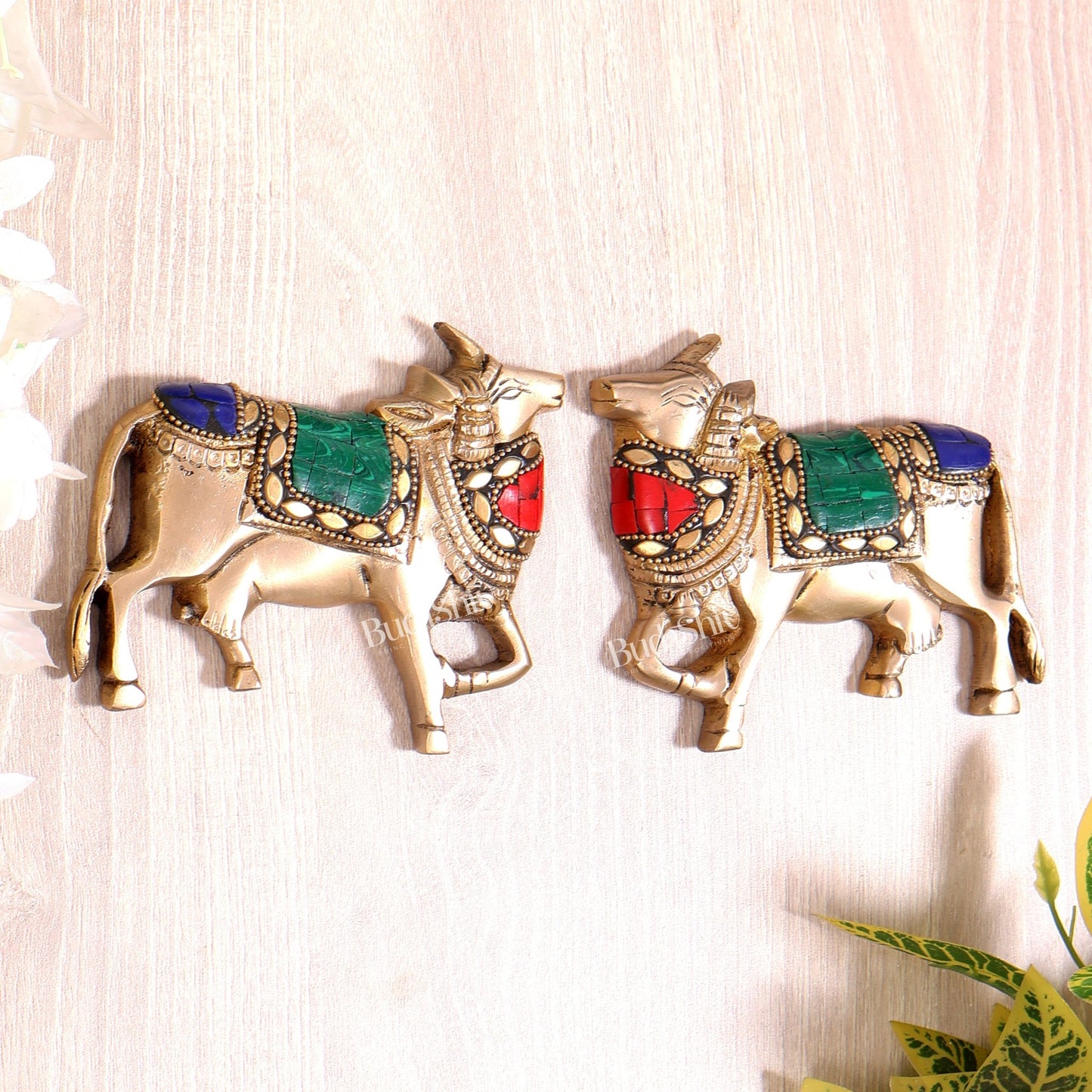 Handcrafted Pure Brass Kamdhenu Cow Wall Hanging for Pooja Room - 5" meenakari work - Budhshiv.com