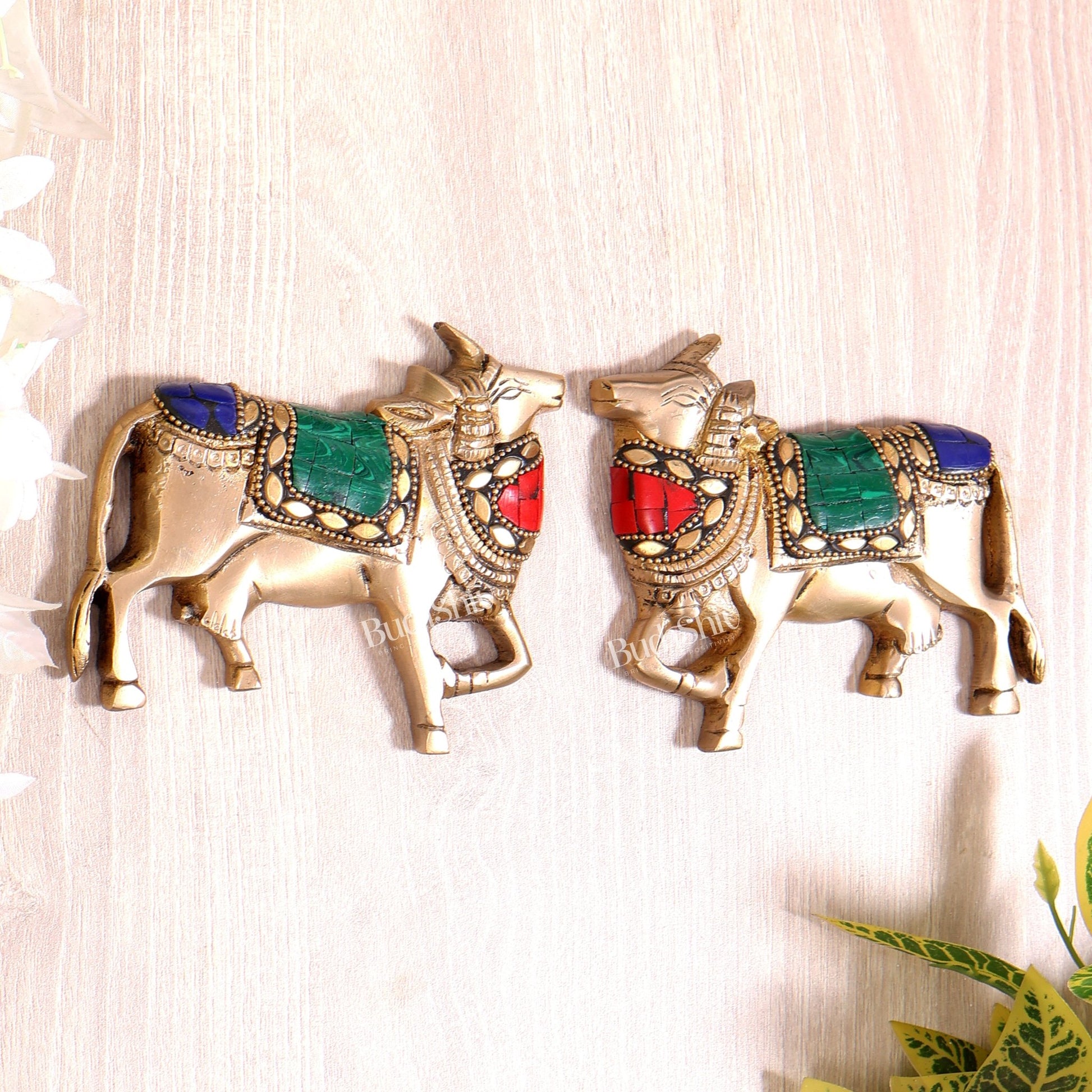 Handcrafted Pure Brass Kamdhenu Cow Wall Hanging for Pooja Room - 5" meenakari work - Budhshiv.com