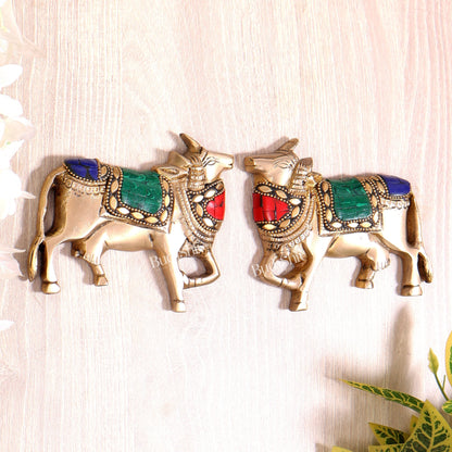 Handcrafted Pure Brass Kamdhenu Cow Wall Hanging for Pooja Room - 5" meenakari work - Budhshiv.com