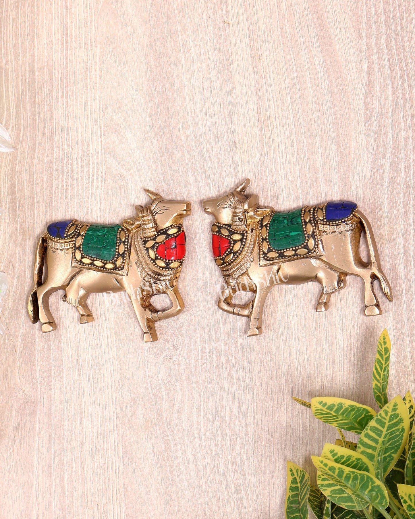 Handcrafted Pure Brass Kamdhenu Cow Wall Hanging for Pooja Room - 5" meenakari work - Budhshiv.com