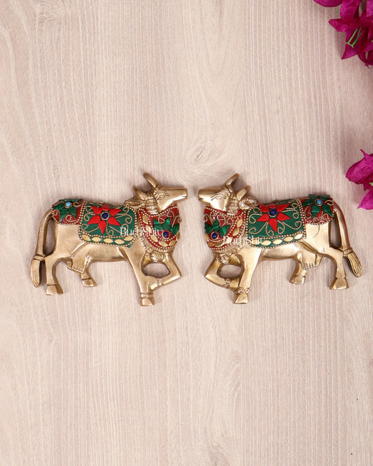 Handcrafted Pure Brass Kamdhenu Cow Wall Hanging for Pooja Room - 5" stonework - Budhshiv.com