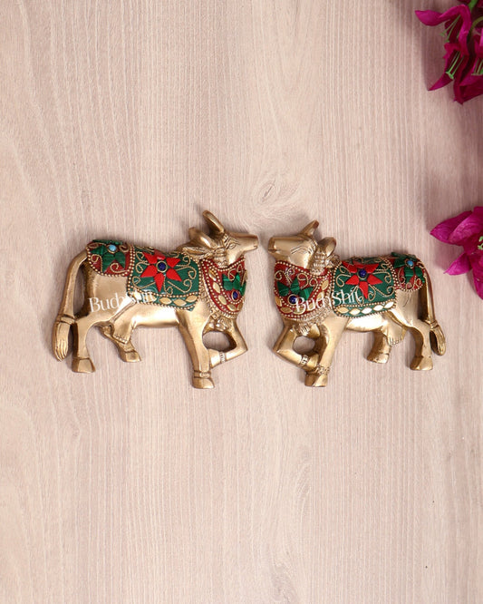 Handcrafted Pure Brass Kamdhenu Cow Wall Hanging for Pooja Room - 5" stonework - Budhshiv.com