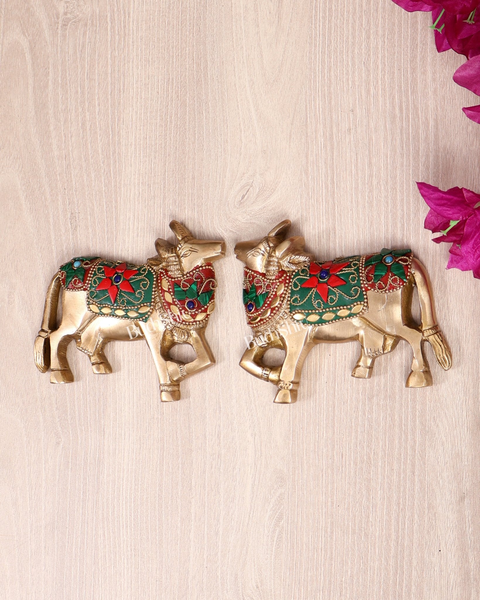 Handcrafted Pure Brass Kamdhenu Cow Wall Hanging for Pooja Room - 5" stonework - Budhshiv.com