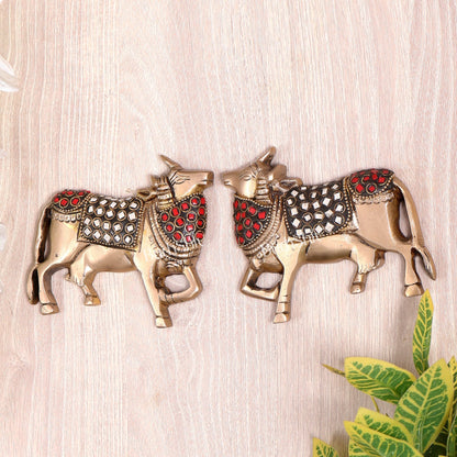 Handcrafted Pure Brass Kamdhenu Cow Wall Hanging for Pooja Room - 5" stonework - Budhshiv.com