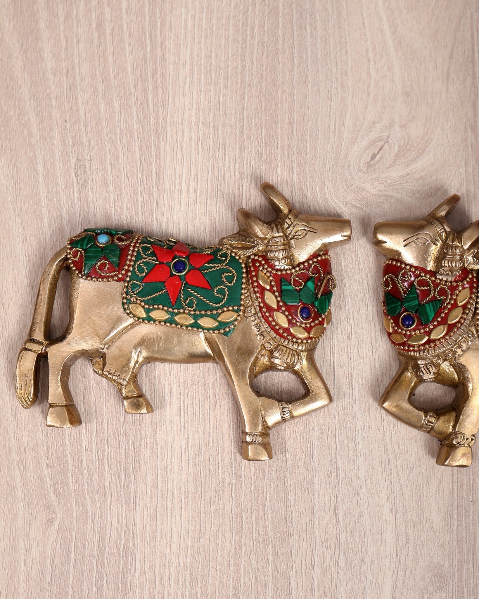 Handcrafted Pure Brass Kamdhenu Cow Wall Hanging for Pooja Room - 5" stonework - Budhshiv.com