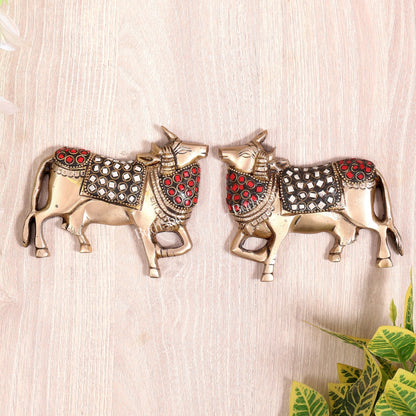 Handcrafted Pure Brass Kamdhenu Cow Wall Hanging for Pooja Room - 5" stonework - Budhshiv.com