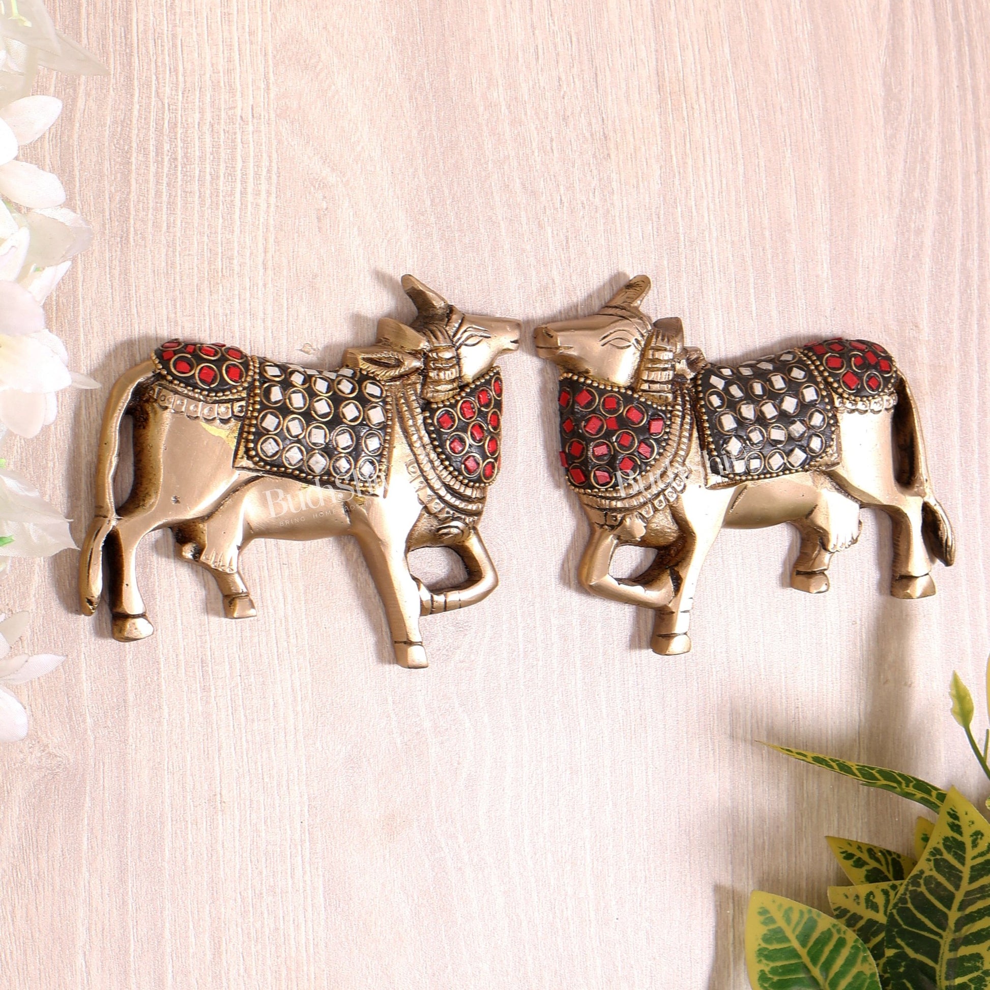 Handcrafted Pure Brass Kamdhenu Cow Wall Hanging for Pooja Room - 5" stonework - Budhshiv.com