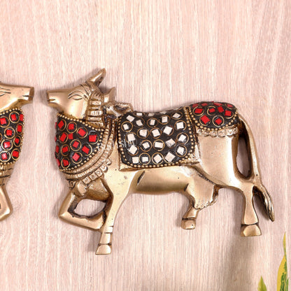 Handcrafted Pure Brass Kamdhenu Cow Wall Hanging for Pooja Room - 5" stonework - Budhshiv.com